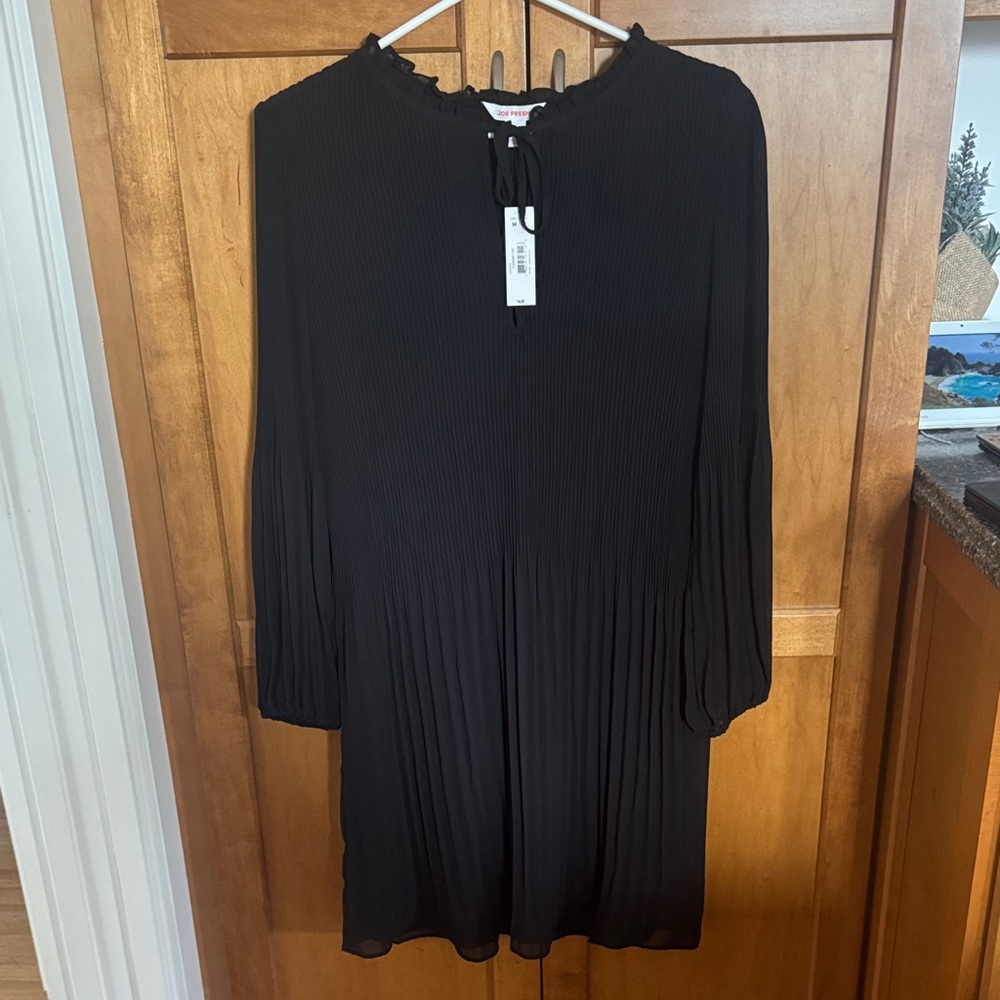 Black Ribbed Long Sleeve Dress with Tie Neck
